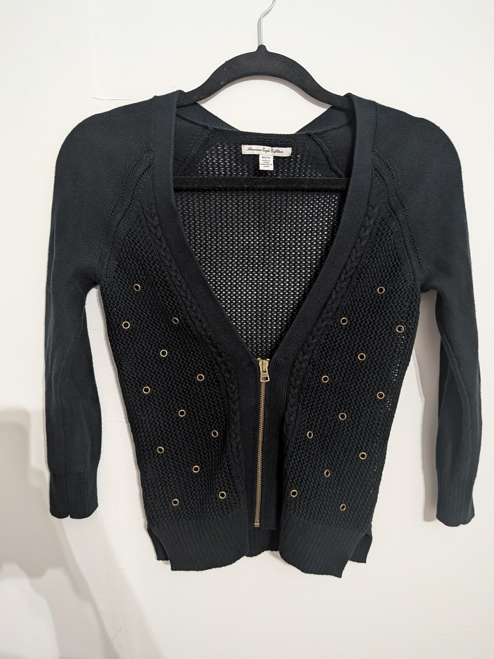 American Eagle Outfitters Black Zip-Front Open Knit Cardigan with Gold Eyelets